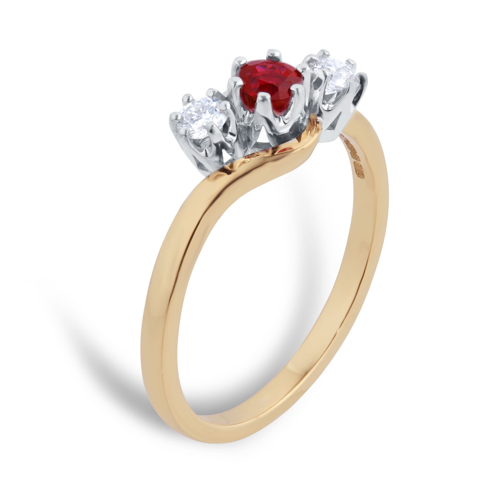 By Request 18ct Yellow Gold Ruby And Diamond 3 Stone Ring - Ring Size K.5 By Request 18ct Yellow Gold Ruby And Diamond 3 Stone Ring - Ring Size K.5