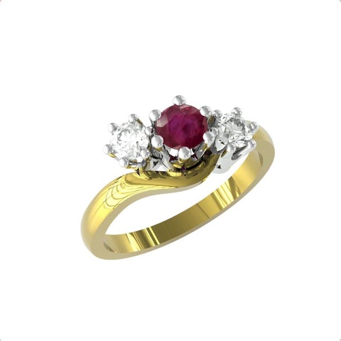 By Request 18ct Yellow Gold Ruby And Diamond 3 Stone Ring - Ring Size K.5