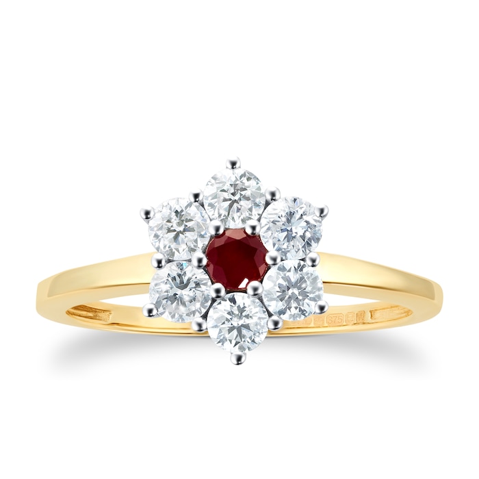 By Request 9ct Yellow Gold Ruby & Diamond Cluster Ring - Ring Size U