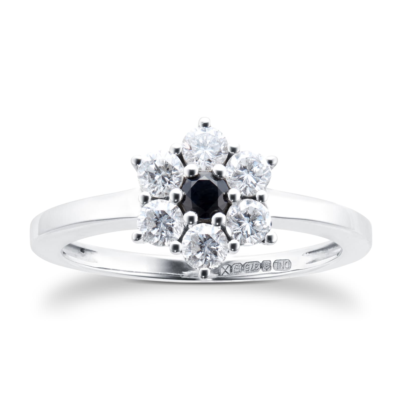 9ct White Gold Sapphire & Diamond Cluster Ring - Ring Size E