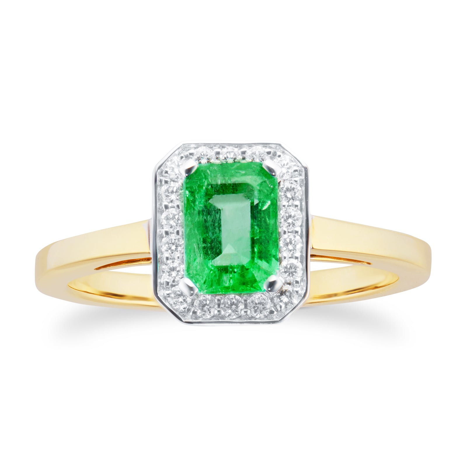 18ct Yellow and White Gold Emerald and Diamond Halo Ring - Ring Size L.5