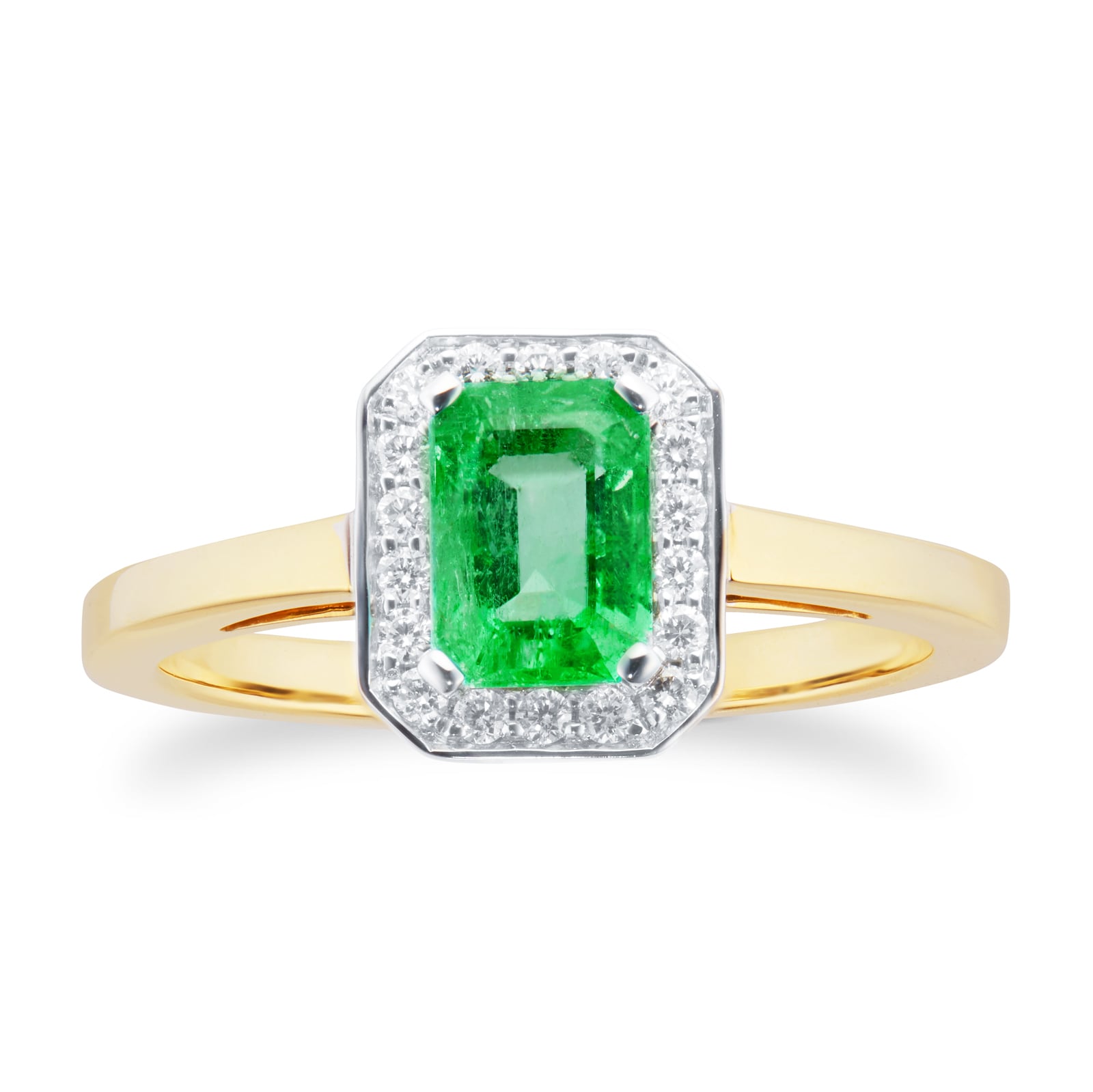 By Request 18ct Yellow and White Gold Emerald and Diamond Halo Ring