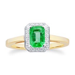 37893041 - 18ct Yellow and White Gold Emerald and Diamond Halo Ring