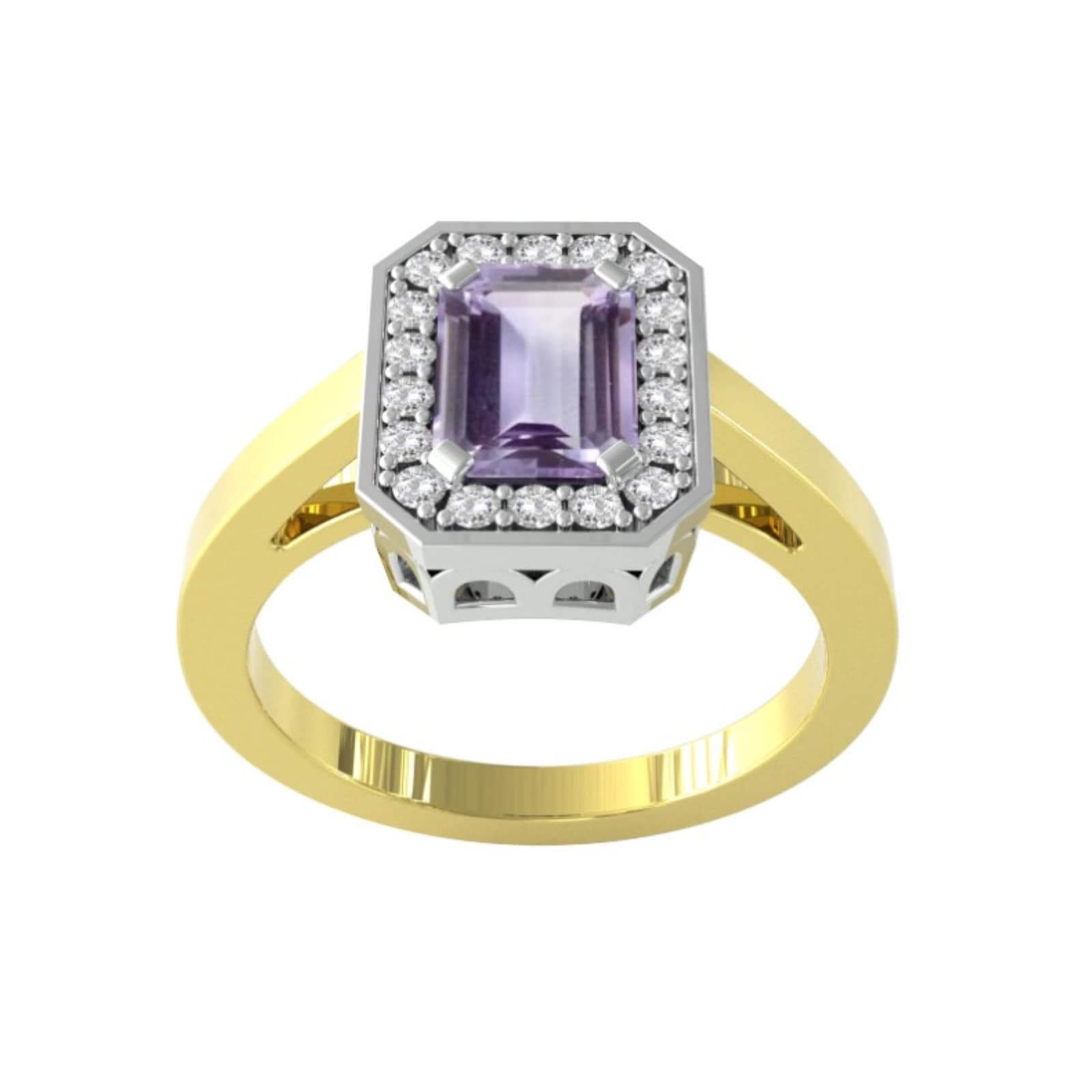 9ct Yellow and White Gold Amethyst and Diamond Halo Ring - Ring Size A