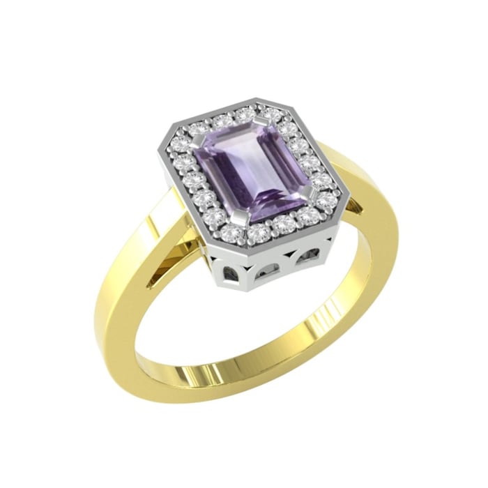 By Request 9ct Yellow and White Gold Amethyst and Diamond Halo Ring - Ring Size C.5