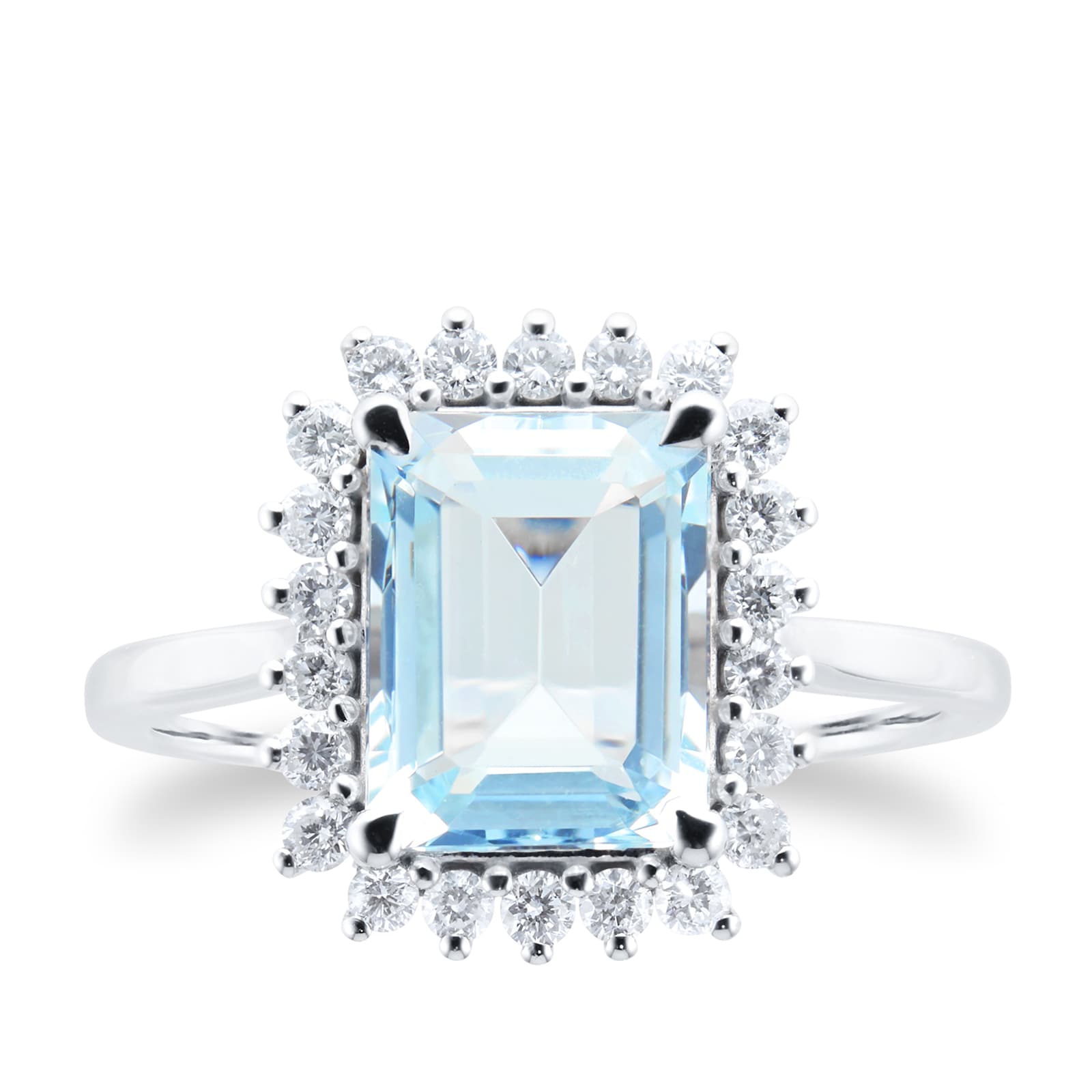 9ct White Gold Aquamarine & Diamond Cluster Ring - Ring Size E