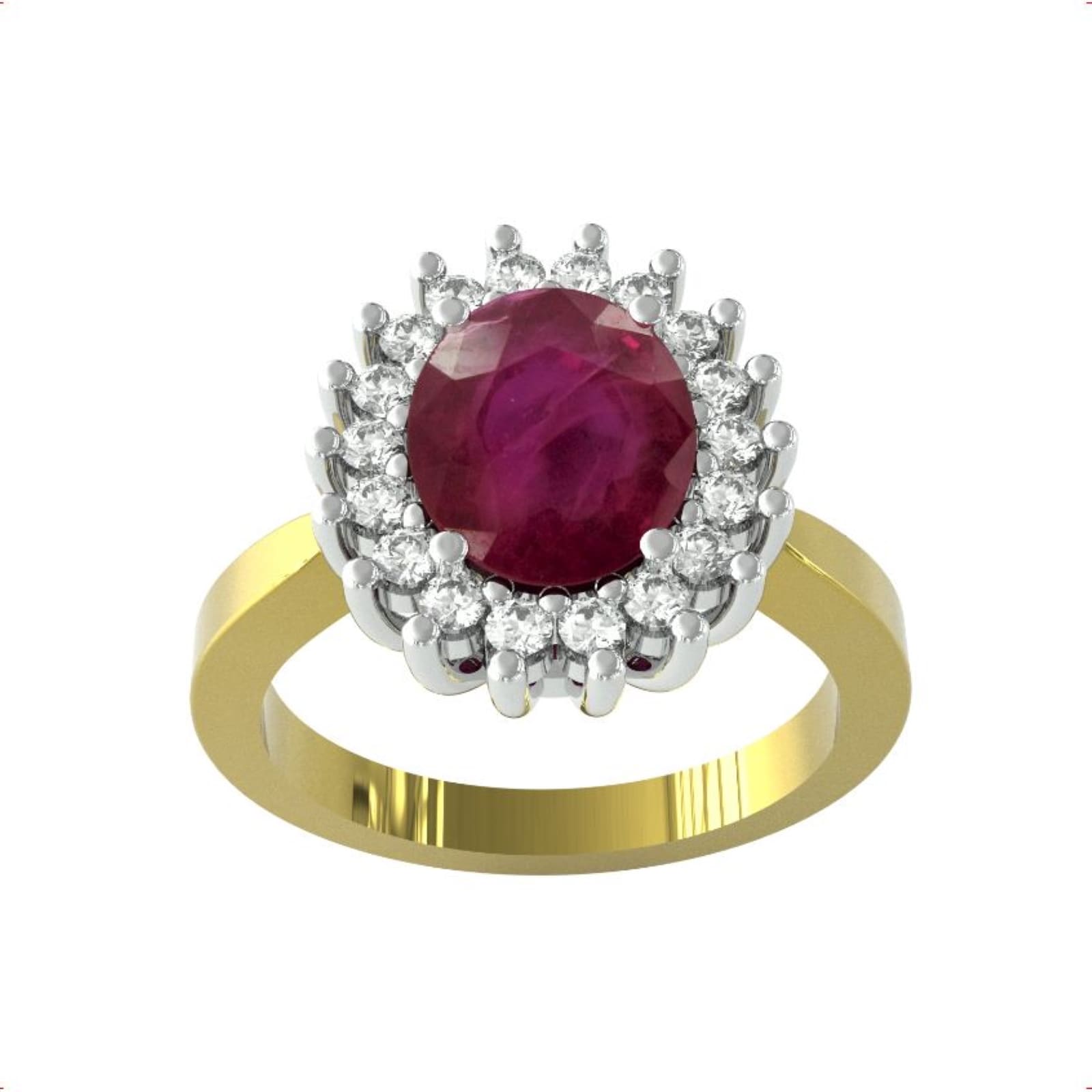18ct Yellow & White Gold Ruby and Diamond Cluster Ring - Ring Size M.5