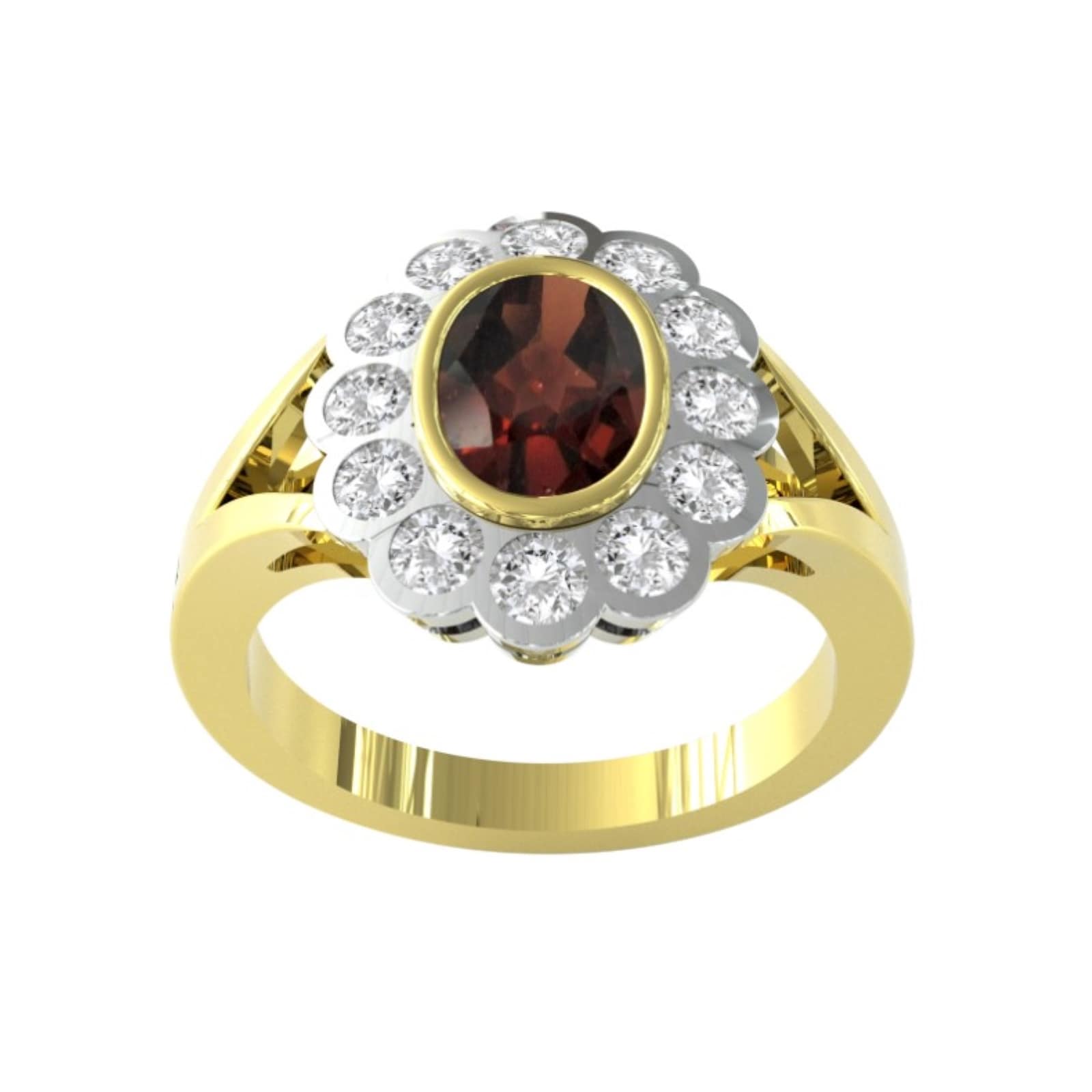 9ct Yellow and White Gold Garnet and Diamond Cluster Ring. - Ring Size E.5