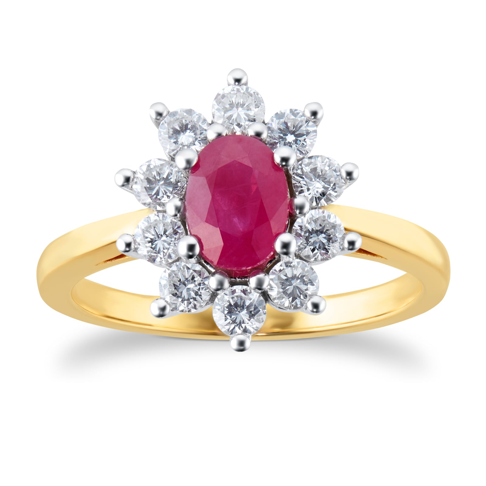 18ct Yellow and White Gold Ruby And Diamond Cluster Ring - Ring Size J.5