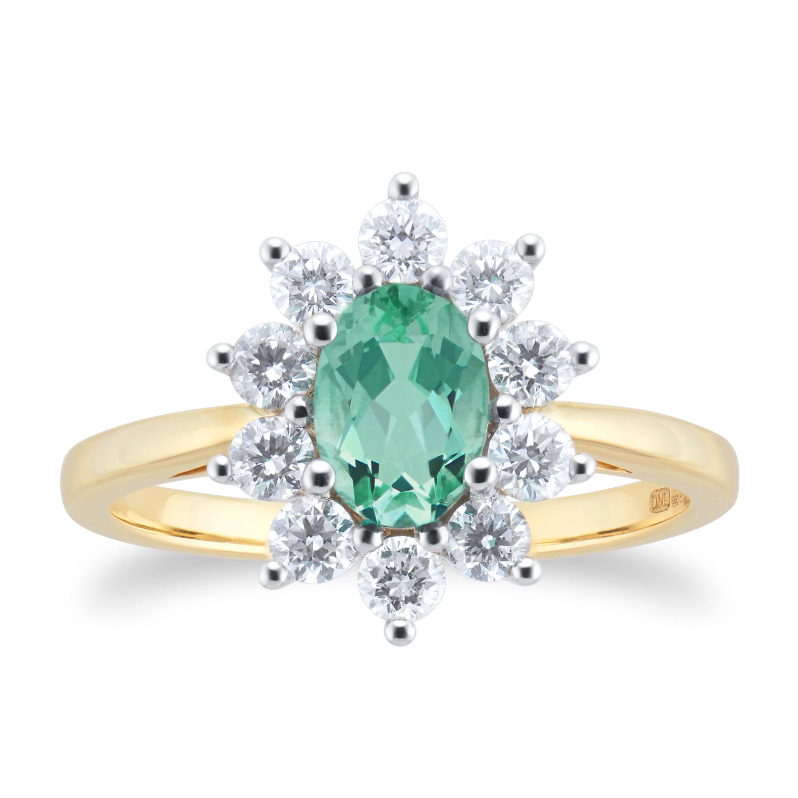 By Request 18ct Yellow and White Gold Emerald And Diamond Cluster Ring - Ring Size B.5 By Request 18ct Yellow and White Gold Emerald And Diamond Cluster Ring - Ring Size B.5