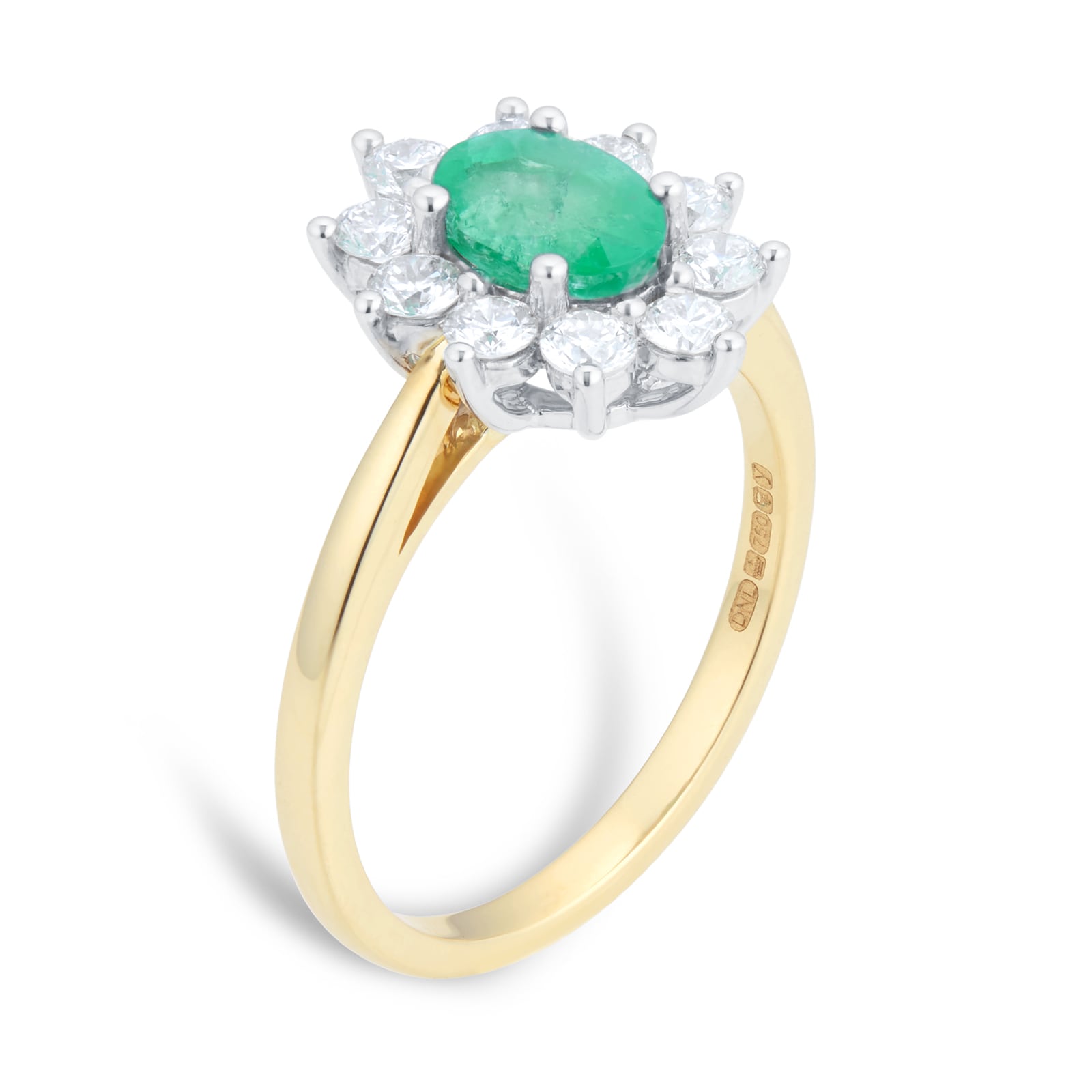 By Request 18ct Yellow and White Gold Emerald And Diamond Cluster Ring - Ring Size B.5 By Request 18ct Yellow and White Gold Emerald And Diamond Cluster Ring - Ring Size B.5