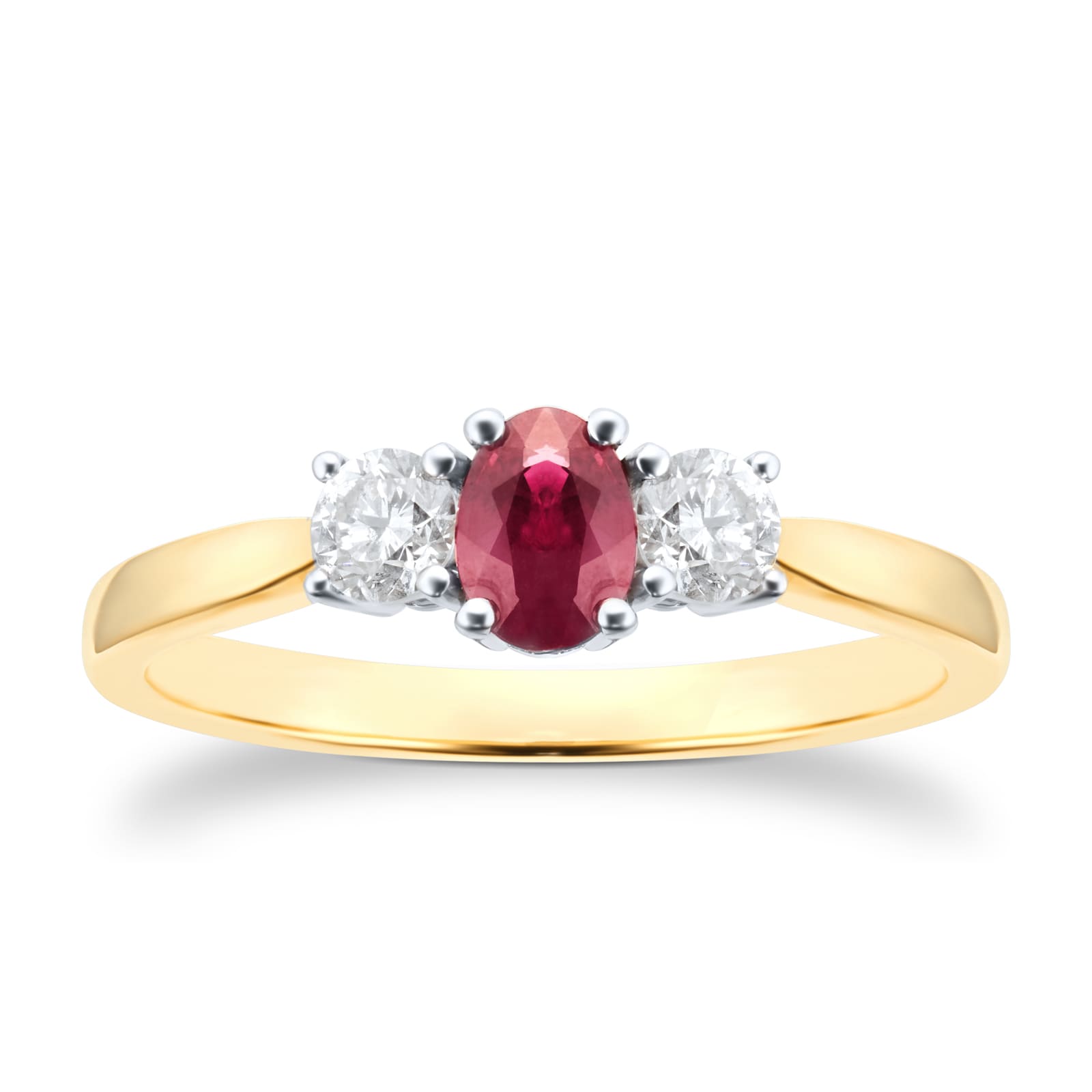 9ct Yellow and White Gold 3 Stone Ruby & Diamond Ring - Ring Size E