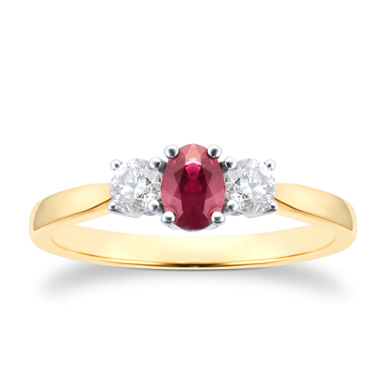 By Request 9ct Yellow and White Gold 3 Stone Ruby & Diamond Ring - Ring Size L.5 By Request 9ct Yellow and White Gold 3 Stone Ruby & Diamond Ring - Ring Size L.5