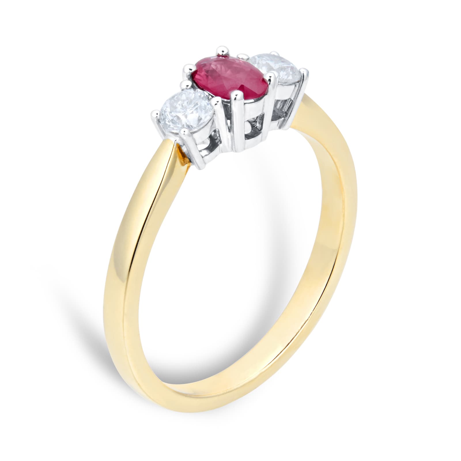 By Request 9ct Yellow and White Gold 3 Stone Ruby & Diamond Ring - Ring Size L.5 By Request 9ct Yellow and White Gold 3 Stone Ruby & Diamond Ring - Ring Size L.5