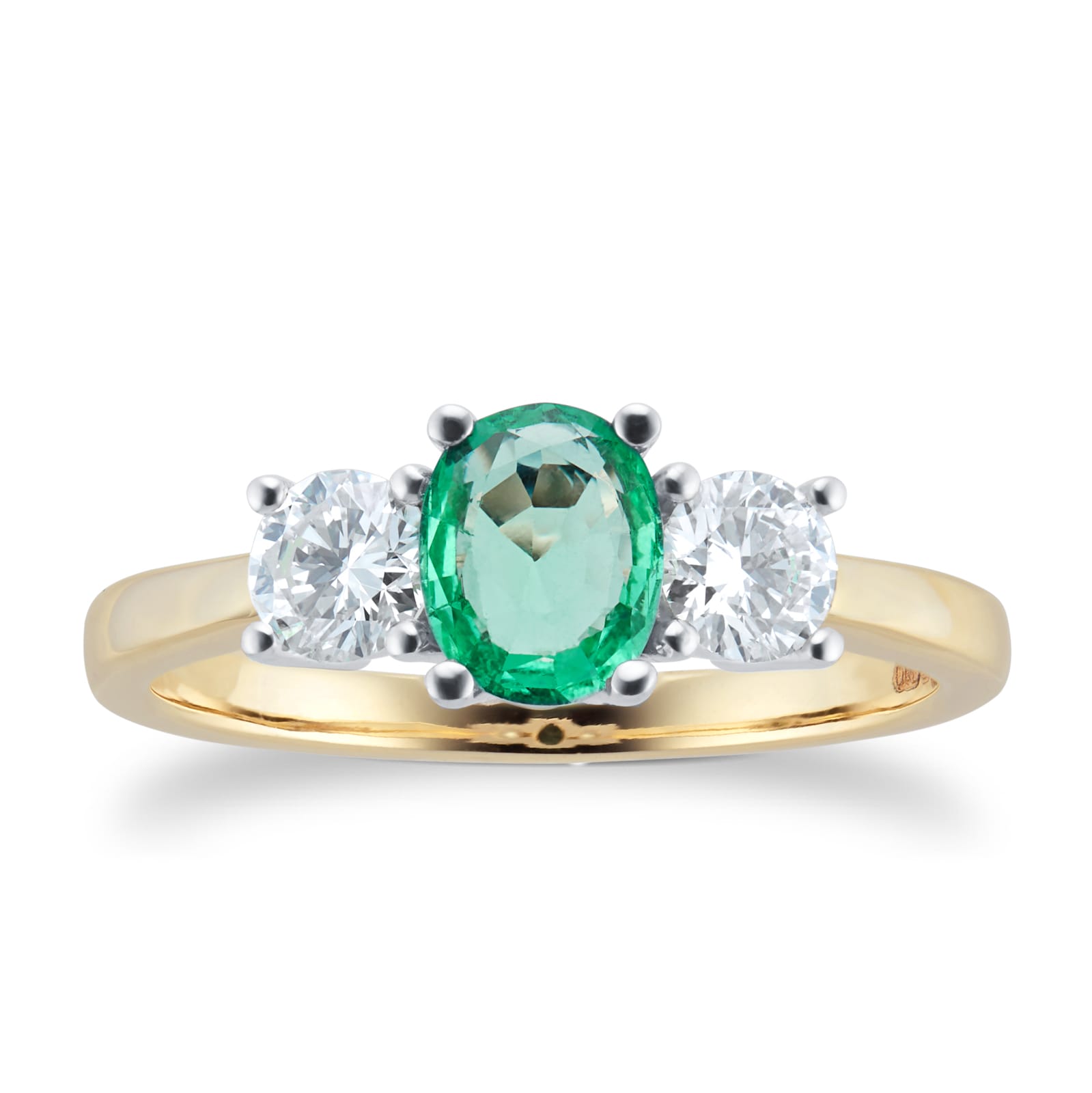 9ct Yellow and White Gold 3 Stone Emerald & Diamond Ring - Ring Size C