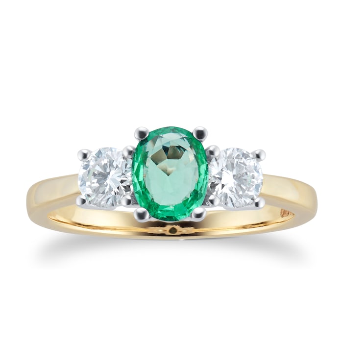 By Request 9ct Yellow and White Gold 3 Stone Emerald & Diamond Ring - Ring Size K.5