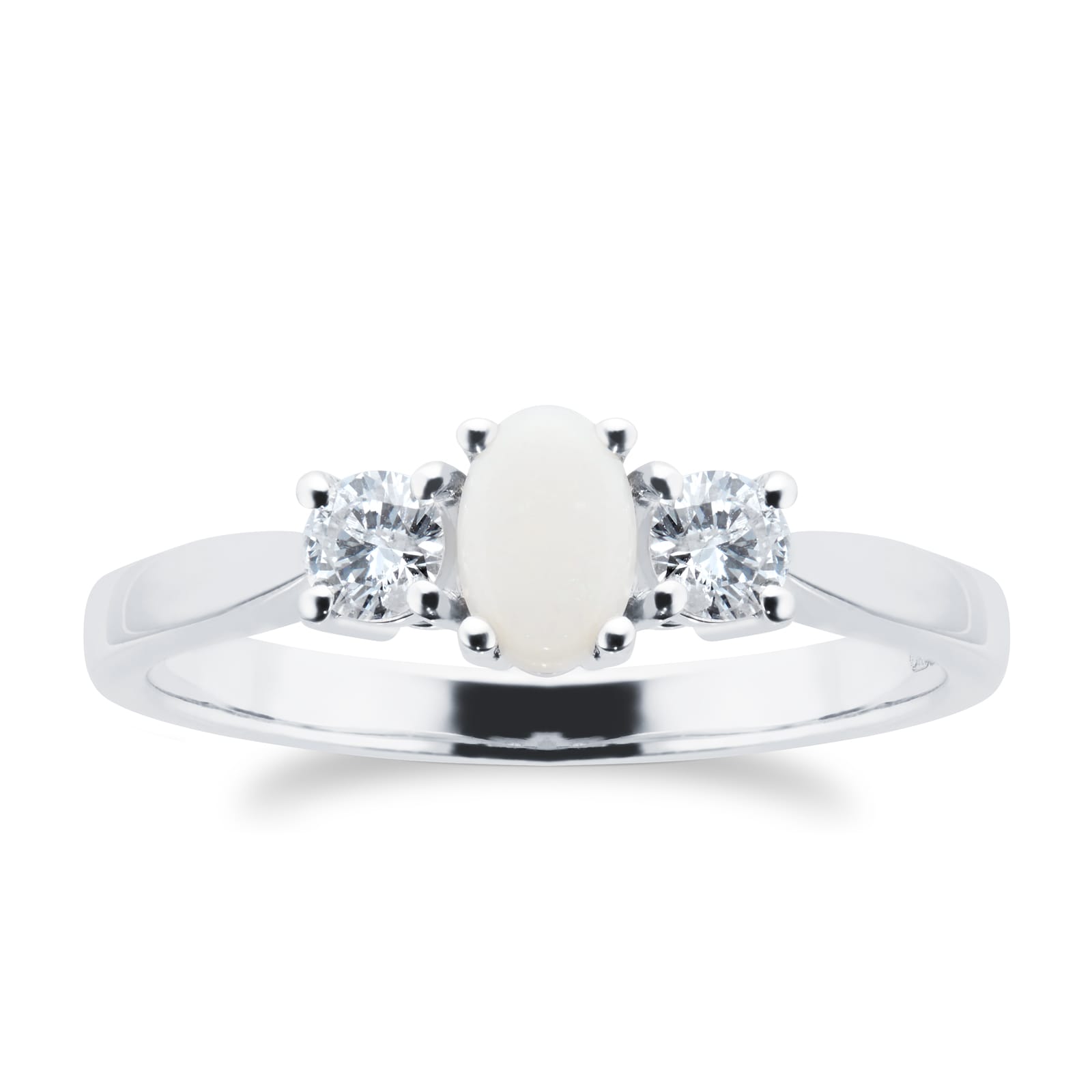 9ct White Gold 3 Stone Opal & Diamond Ring - Ring Size J.5