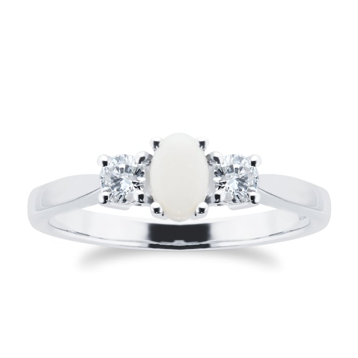 By Request 9ct White Gold 3 Stone Opal & Diamond Ring - Ring Size T.5