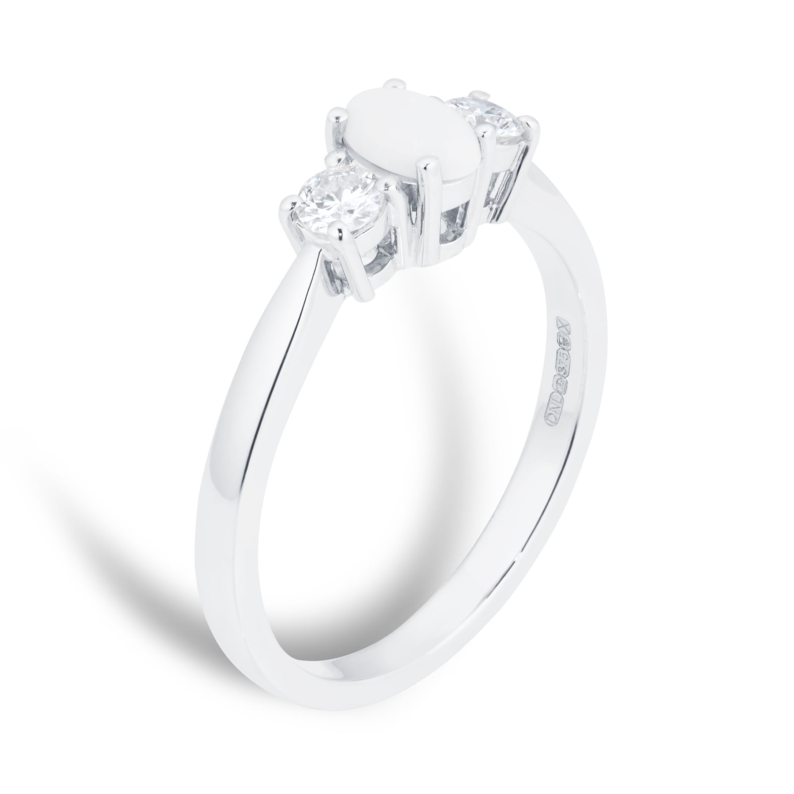 By Request 9ct White Gold 3 Stone Opal & Diamond Ring - Ring Size G By Request 9ct White Gold 3 Stone Opal & Diamond Ring - Ring Size G