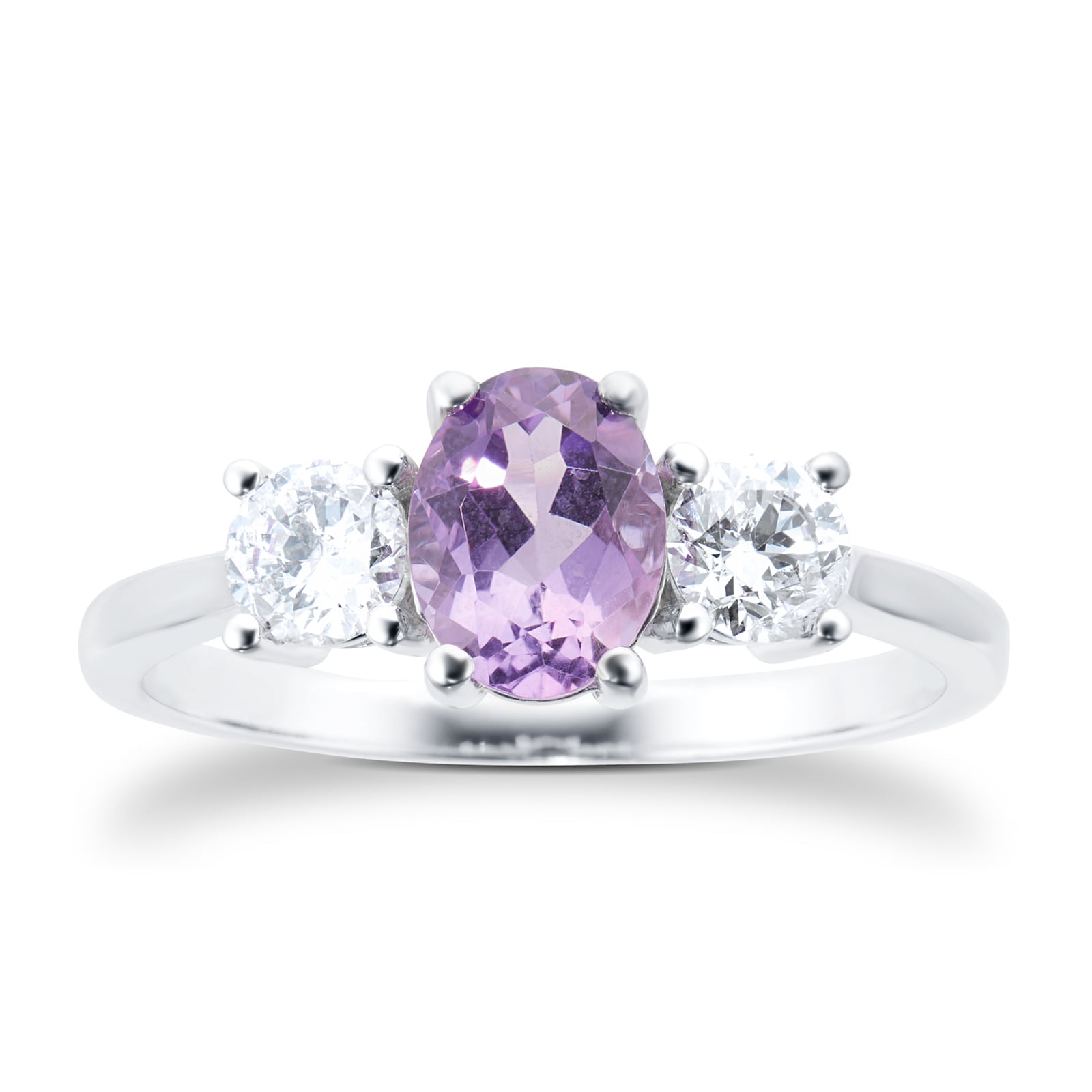 9ct White Gold 3 Stone Amethyst & Diamond Ring - Ring Size A