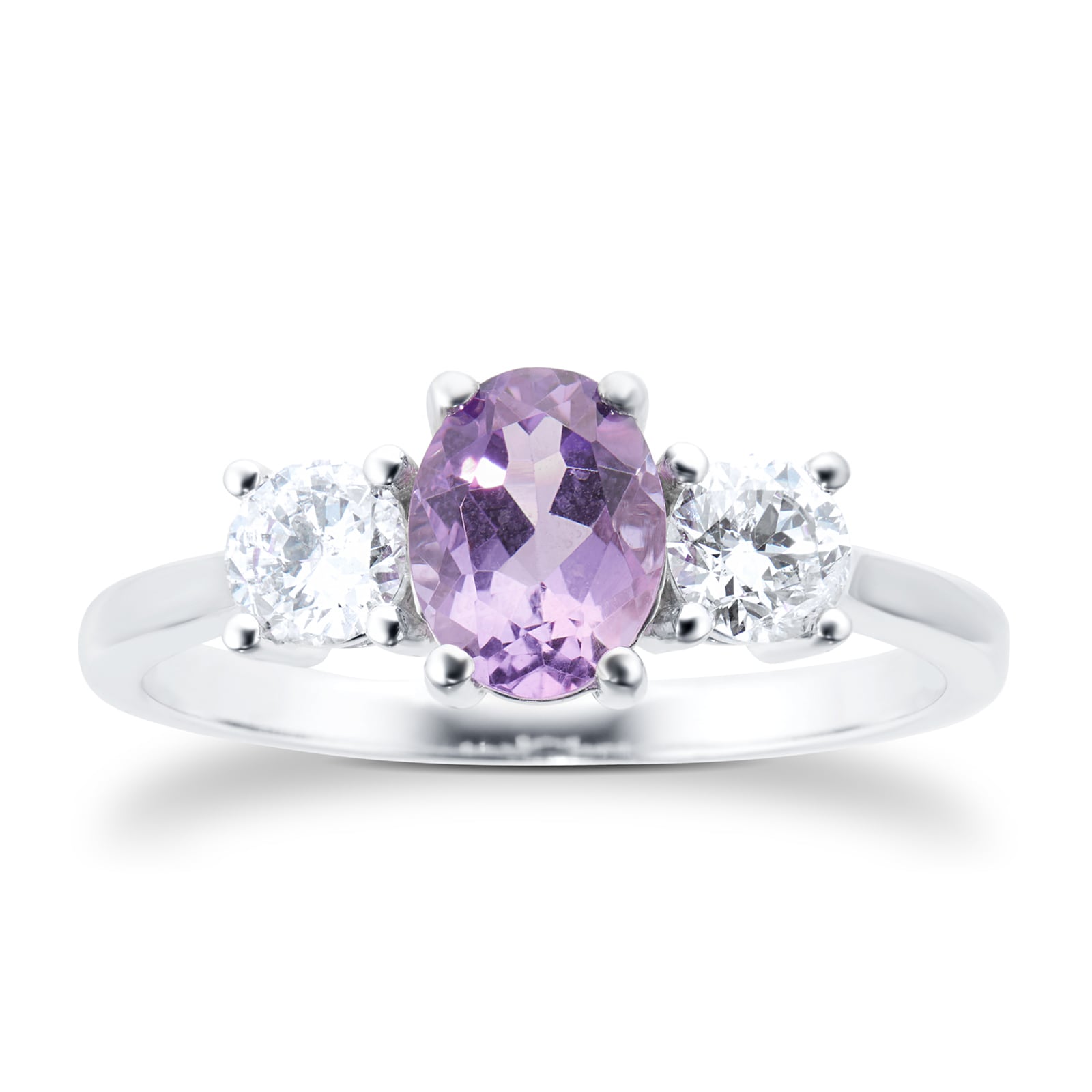 By Request 9ct White Gold 3 Stone Amethyst & Diamond Ring - Ring Size R.5 By Request 9ct White Gold 3 Stone Amethyst & Diamond Ring - Ring Size R.5