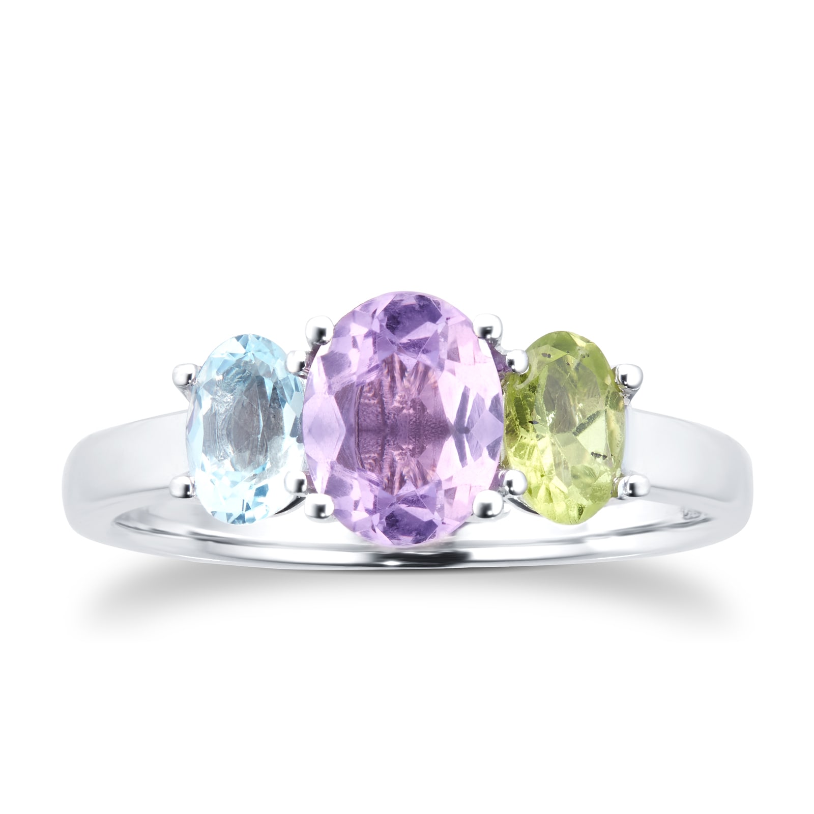 9ct White Gold 3 Stone Peridot, Amethyst and Topaz Ring - Ring Size X