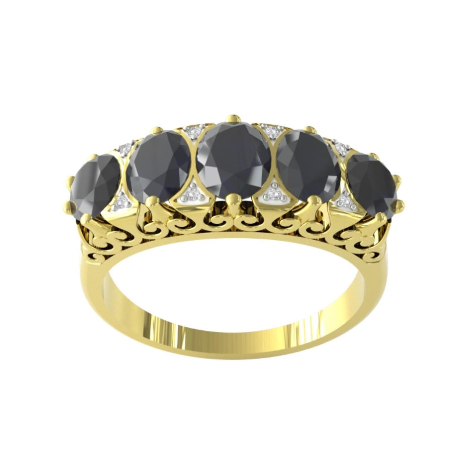 9ct Yellow Gold Victorian Style Sapphire & Diamond 5 Stone Ring - Ring Size K