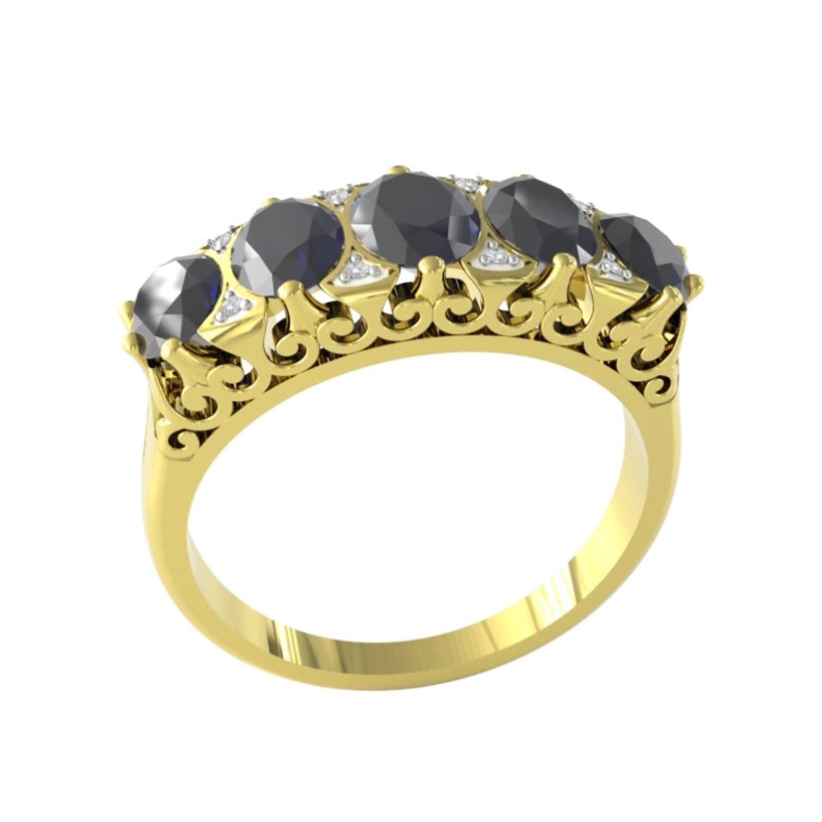 By Request 9ct Yellow Gold Victorian Style Sapphire & Diamond 5 Stone Ring