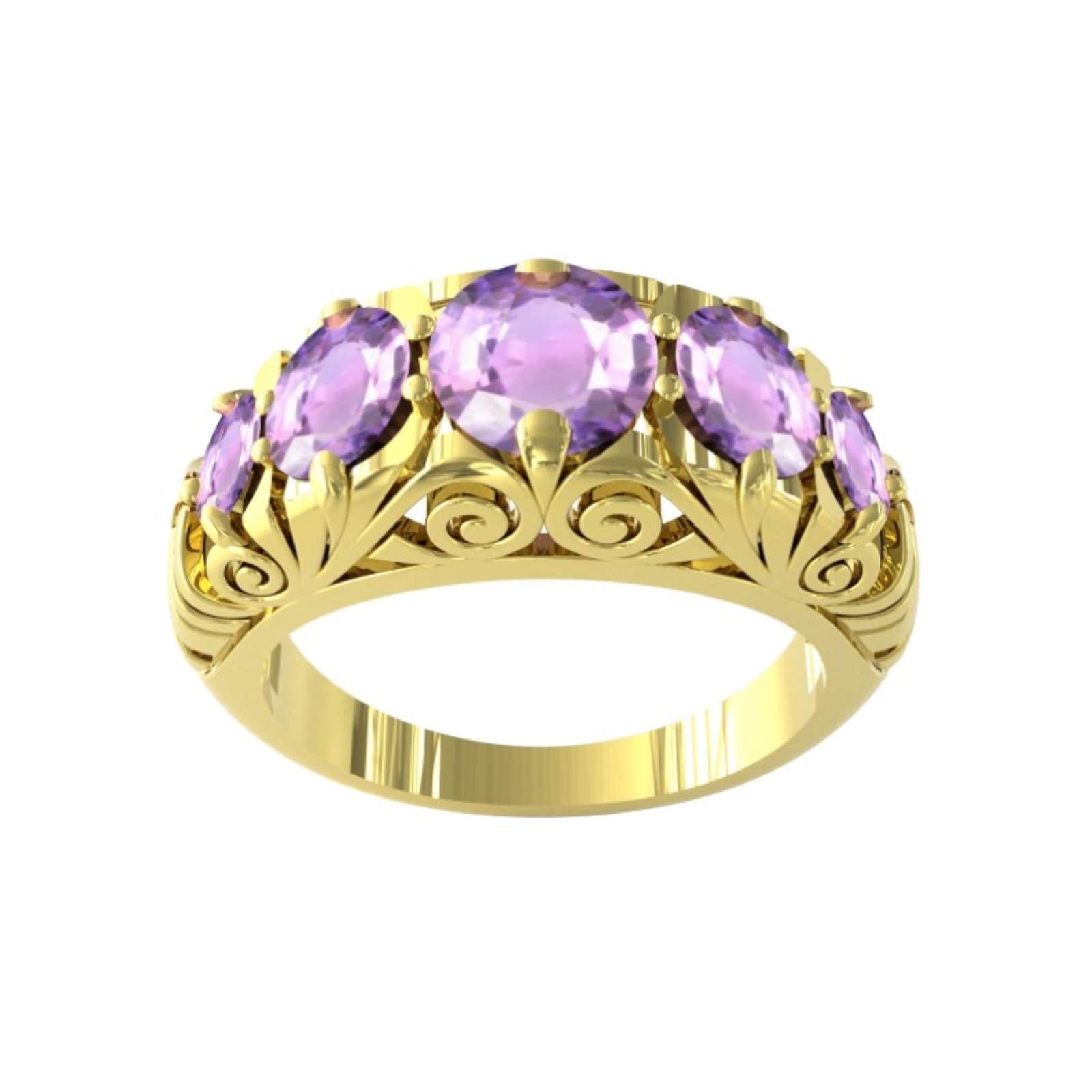 9ct Yellow Gold Victorian Style 5 Stone Amethyst Rings - Ring Size V