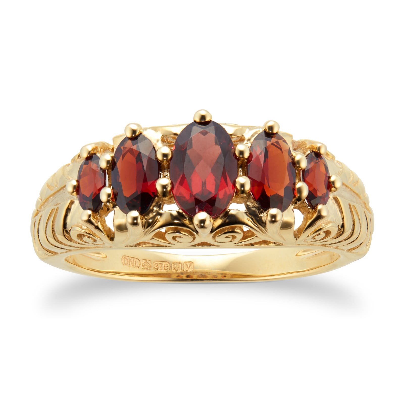 9ct Yellow Gold Victorian Style 5 Stone Garnet Rings - Ring Size M.5