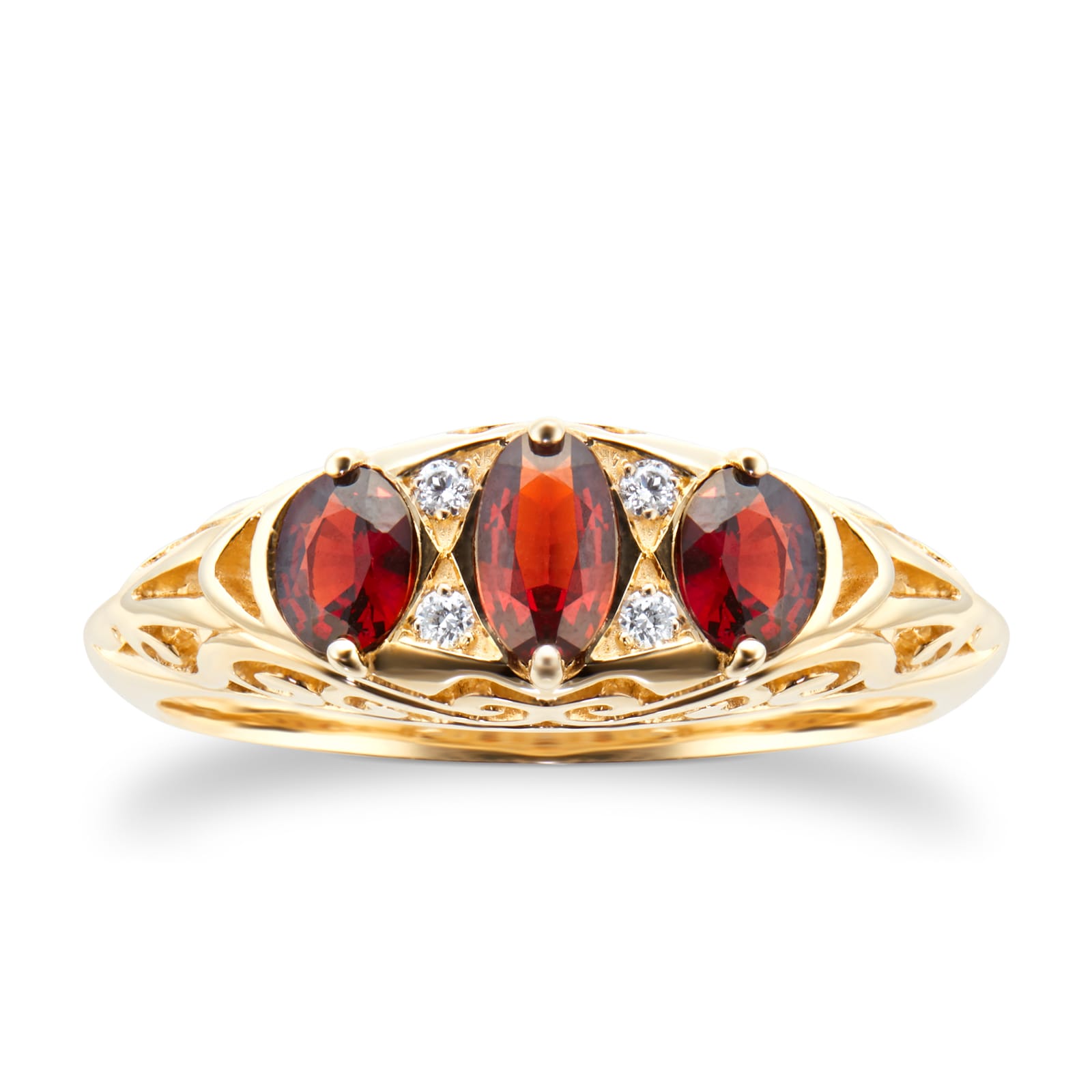 9ct Yellow Gold Victorian Style 3 Stone Garnet & Diamond Ring - Ring Size M.5
