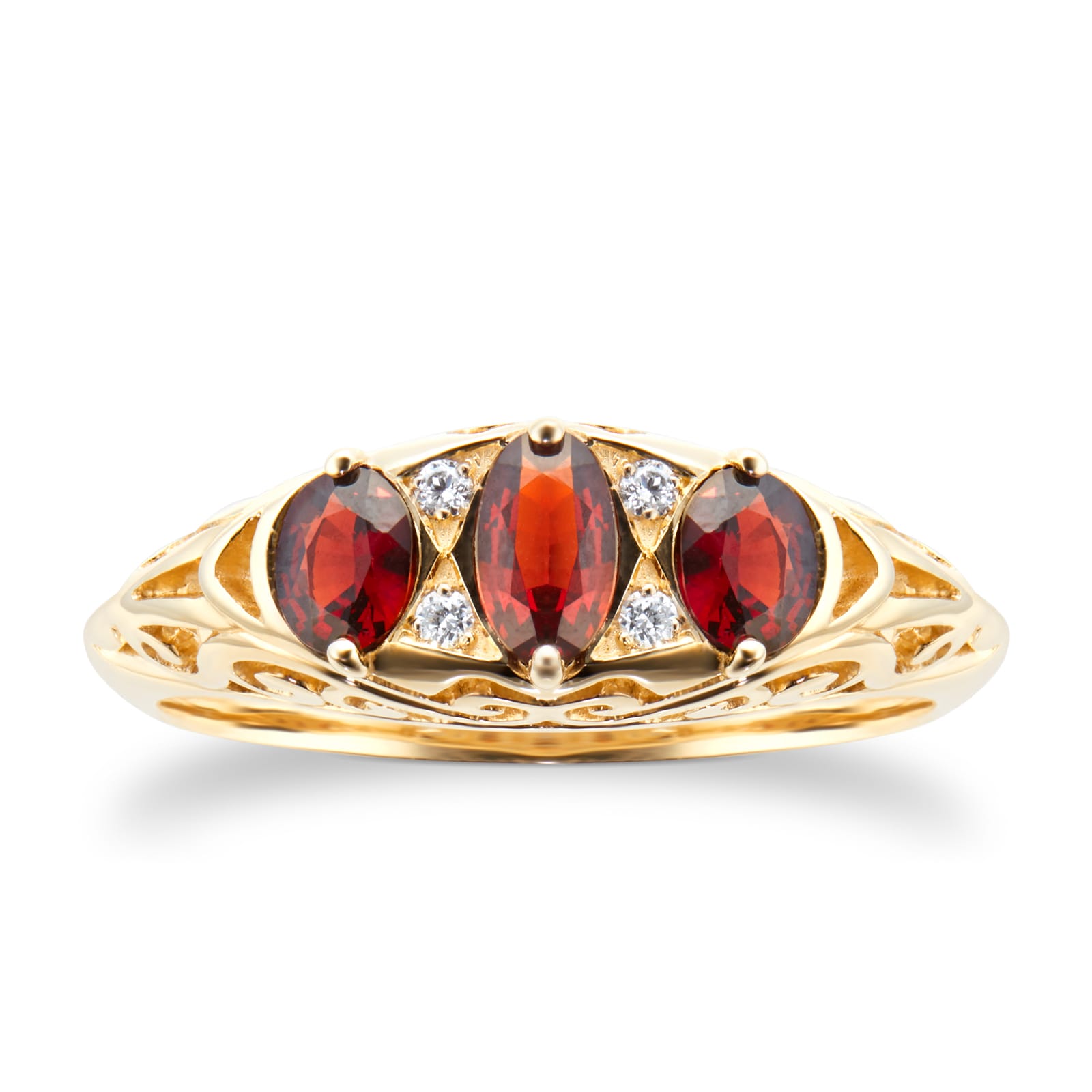 By Request 9ct Yellow Gold Victorian Style 3 Stone Garnet & Diamond Ring