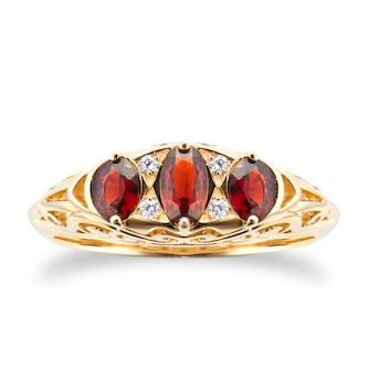 By Request 9ct Yellow Gold Victorian Style 3 Stone Garnet & Diamond Ring By Request 9ct Yellow Gold Victorian Style 3 Stone Garnet & Diamond Ring
