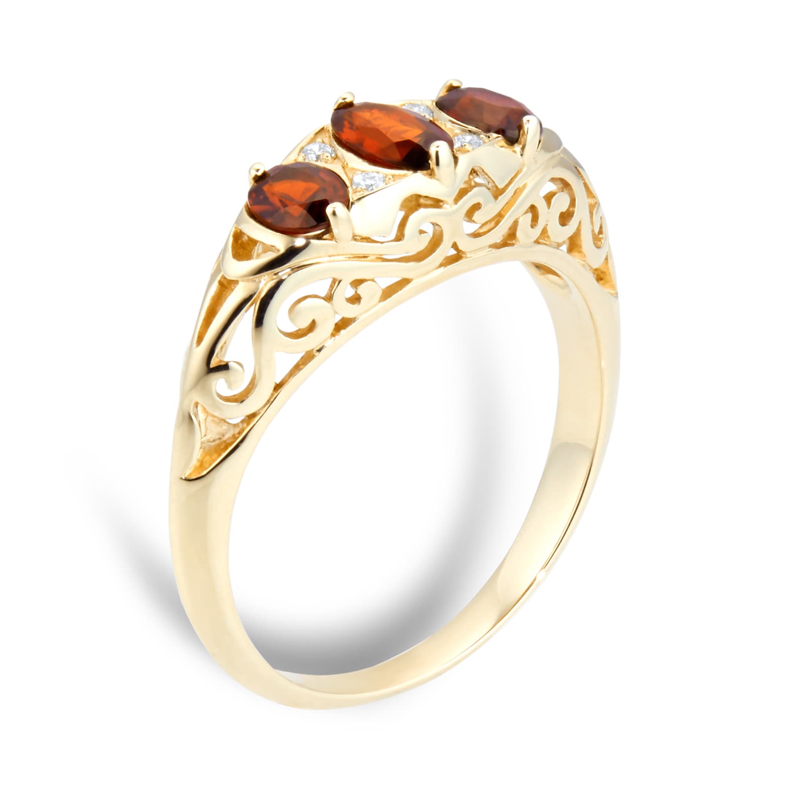 By Request 9ct Yellow Gold Victorian Style 3 Stone Garnet & Diamond Ring - Ring Size N