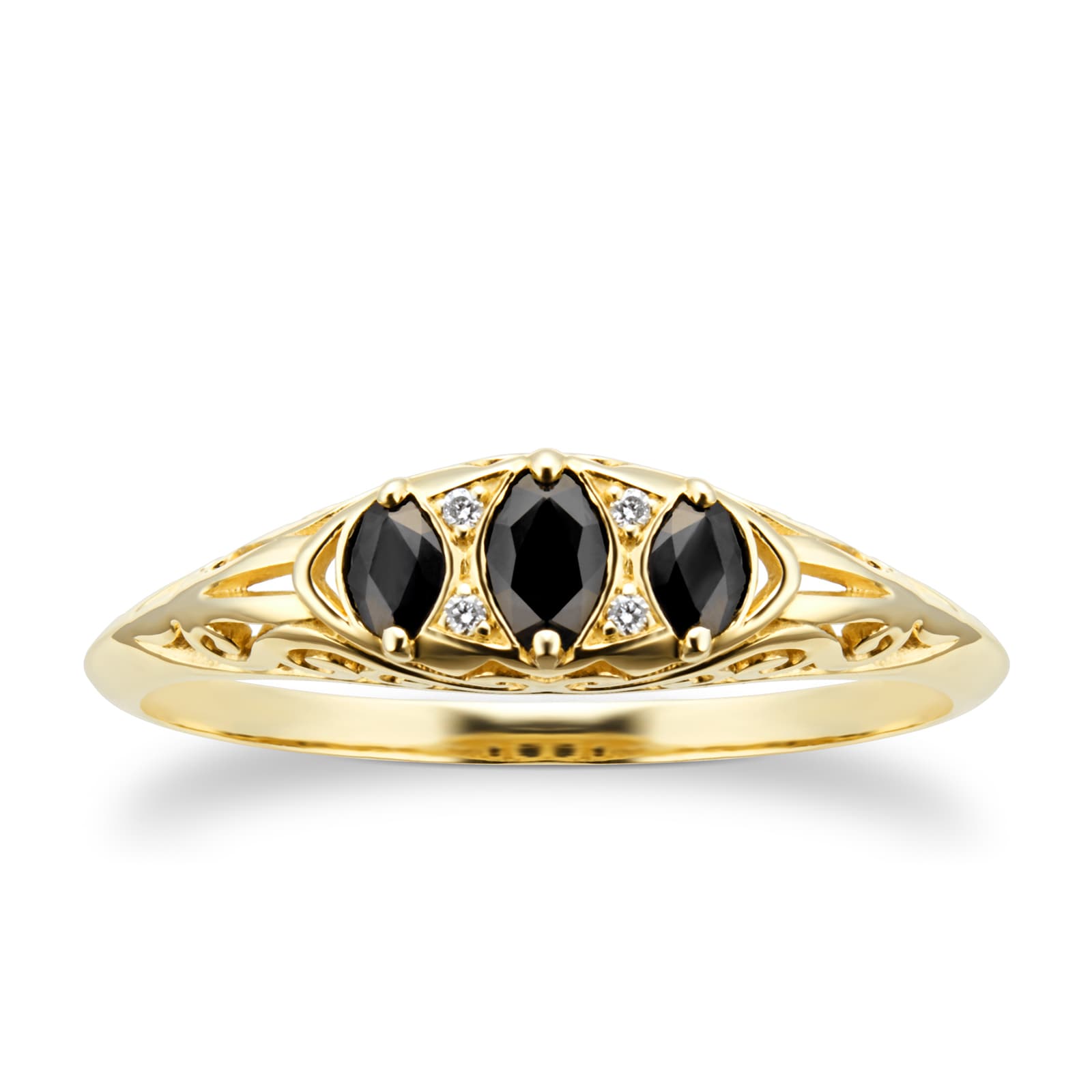 By Request 9ct Yellow Gold Victorian Style 3 Stone Sapphire & Diamond Ring - Ring Size T By Request 9ct Yellow Gold Victorian Style 3 Stone Sapphire & Diamond Ring - Ring Size T