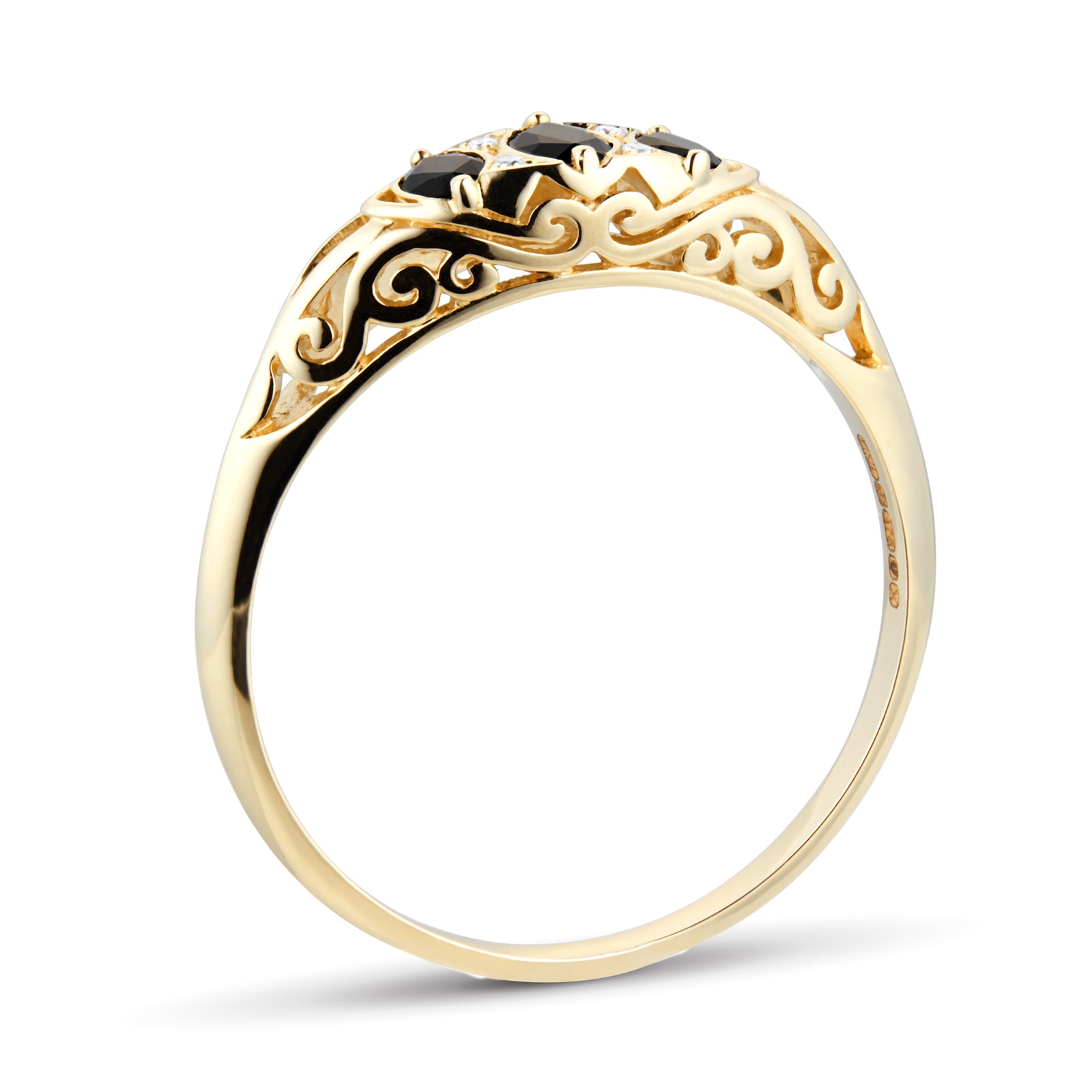 By Request 9ct Yellow Gold Victorian Style 3 Stone Sapphire & Diamond Ring - Ring Size T By Request 9ct Yellow Gold Victorian Style 3 Stone Sapphire & Diamond Ring - Ring Size T