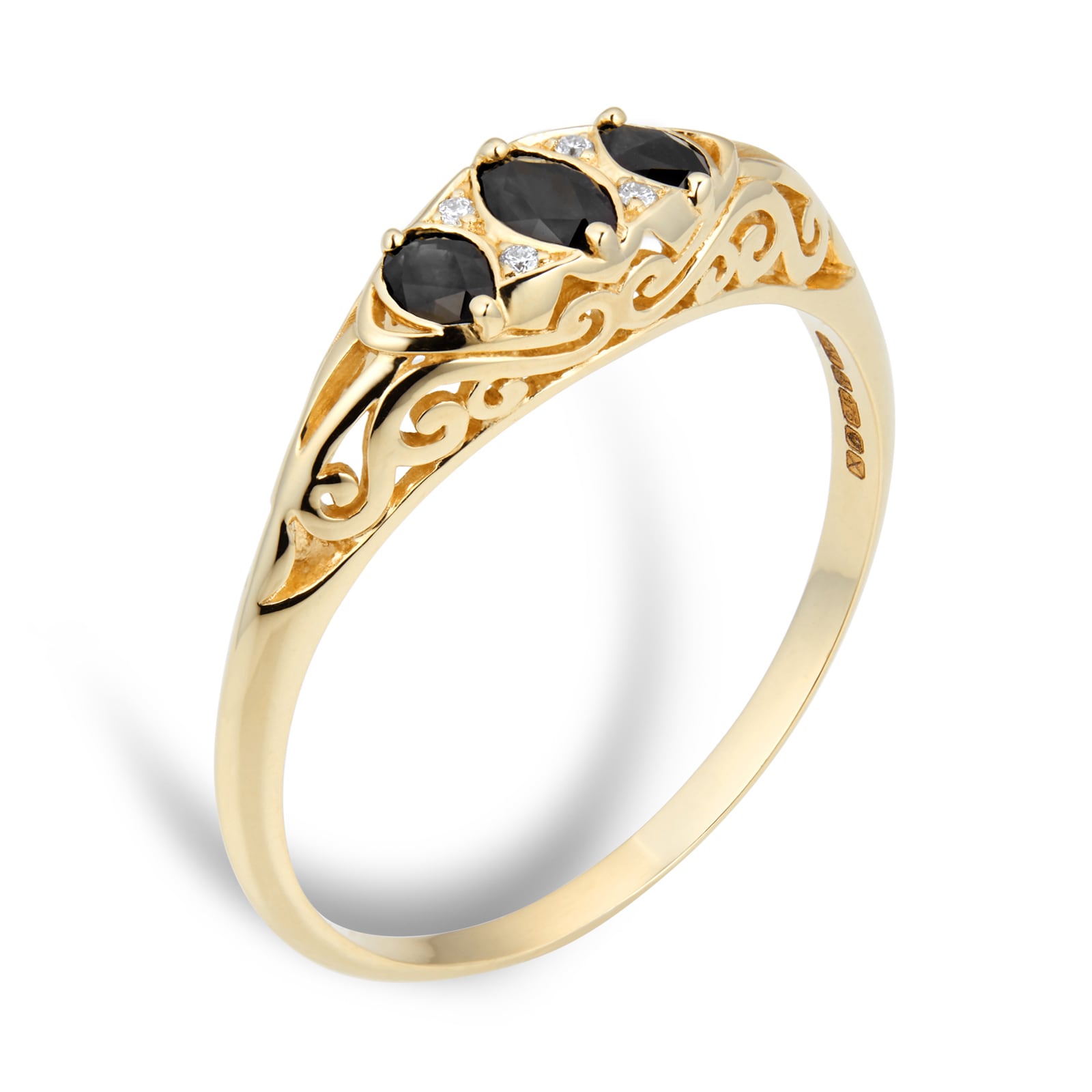 By Request 9ct Yellow Gold Victorian Style 3 Stone Sapphire & Diamond Ring - Ring Size T By Request 9ct Yellow Gold Victorian Style 3 Stone Sapphire & Diamond Ring - Ring Size T