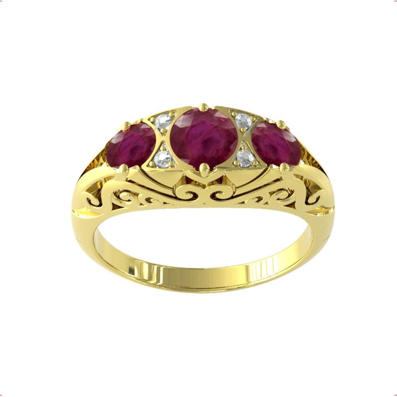 9ct Yellow Gold Victorian Style 3 Stone Ruby & Diamond Ring - Ring Size C.5