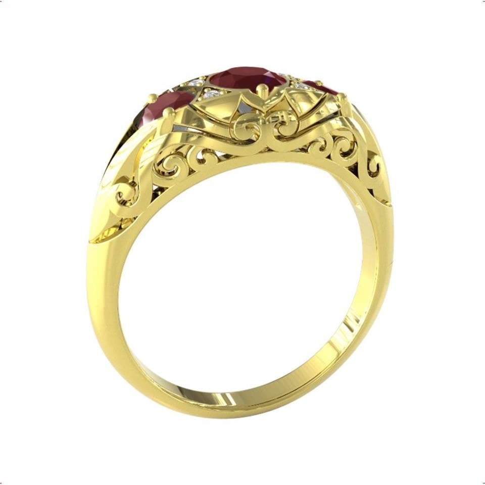 By Request 9ct Yellow Gold Victorian Style 3 Stone Ruby & Diamond Ring