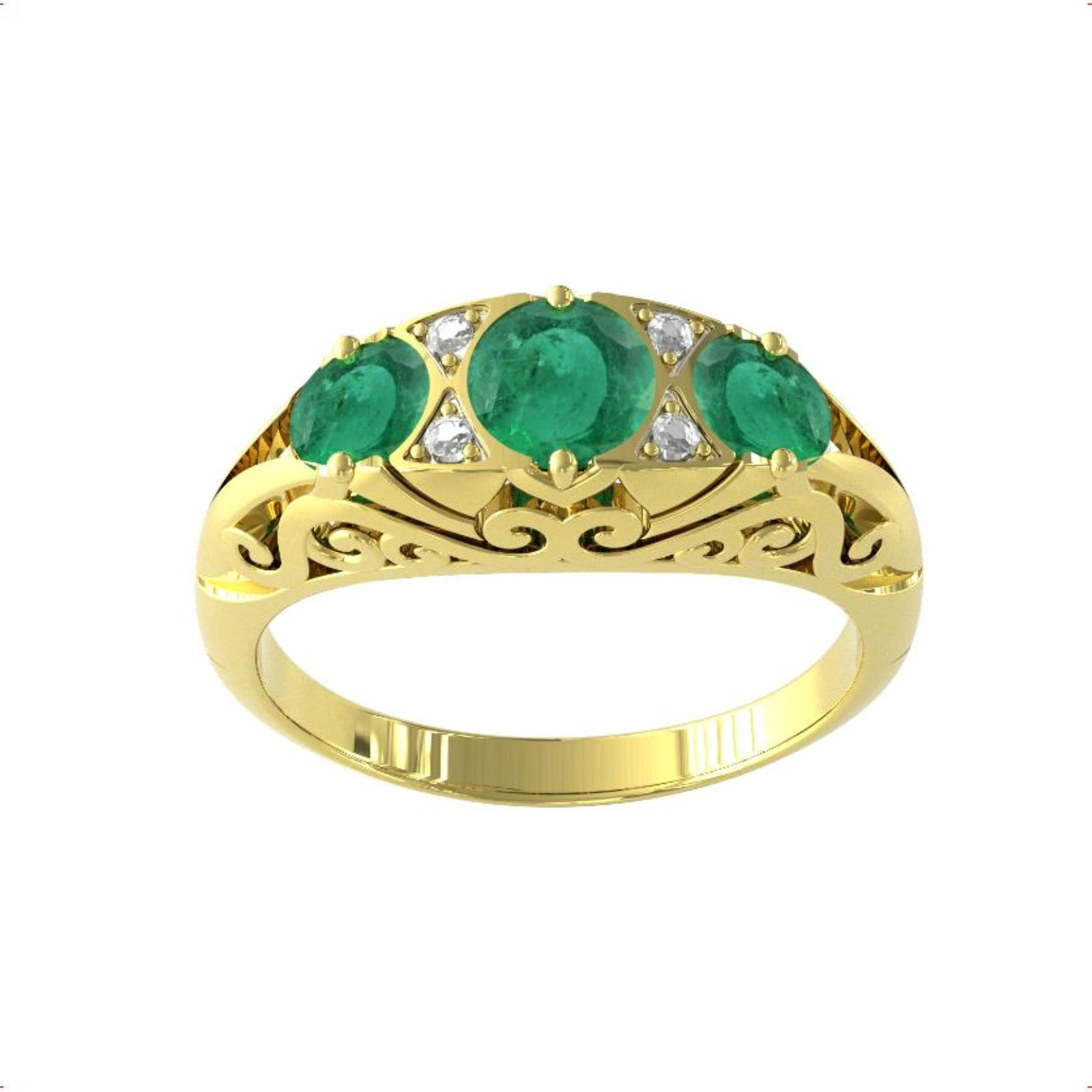 9ct Yellow Gold Victorian Style 3 Stone Emerald & Diamond Ring - Ring Size H