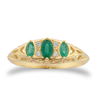 By Request 9ct Yellow Gold Victorian Style 3 Stone Emerald & Diamond Ring By Request 9ct Yellow Gold Victorian Style 3 Stone Emerald & Diamond Ring