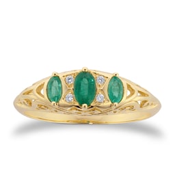 37893069 - 9ct Yellow Gold Victorian Style 3 Stone Emerald & Diamond Ring