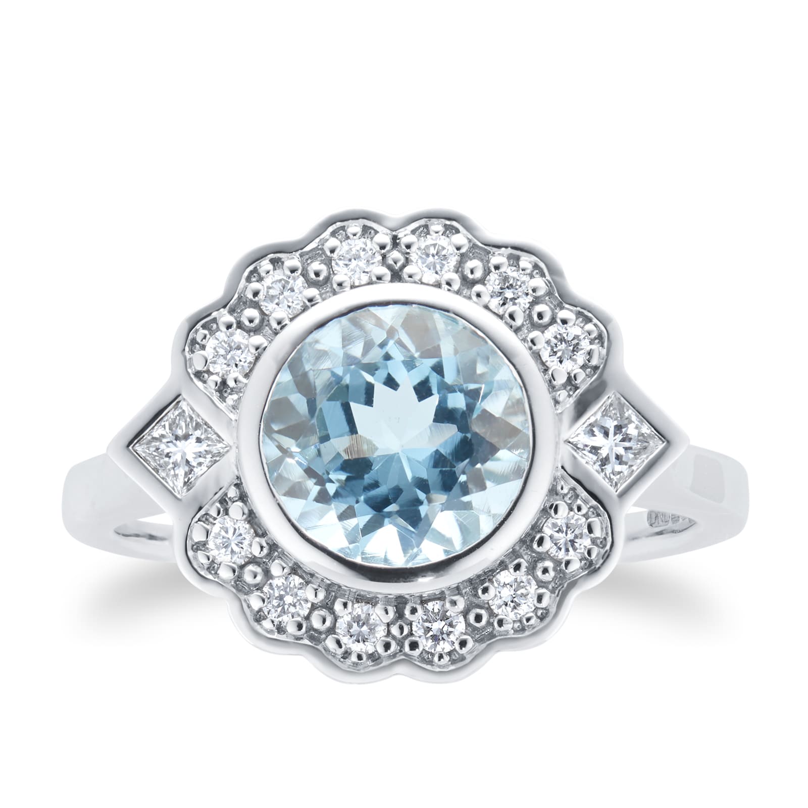 18ct White Gold Art Deco Aquamarine & Diamond Cluster Ring - Ring