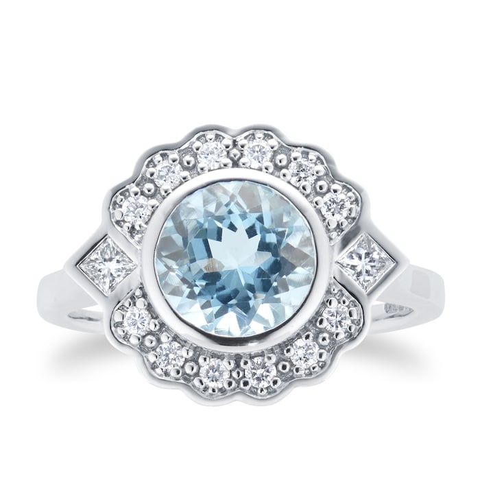 By Request 18ct White Gold Art Deco Aquamarine & Diamond Cluster Ring - Ring Size Q
