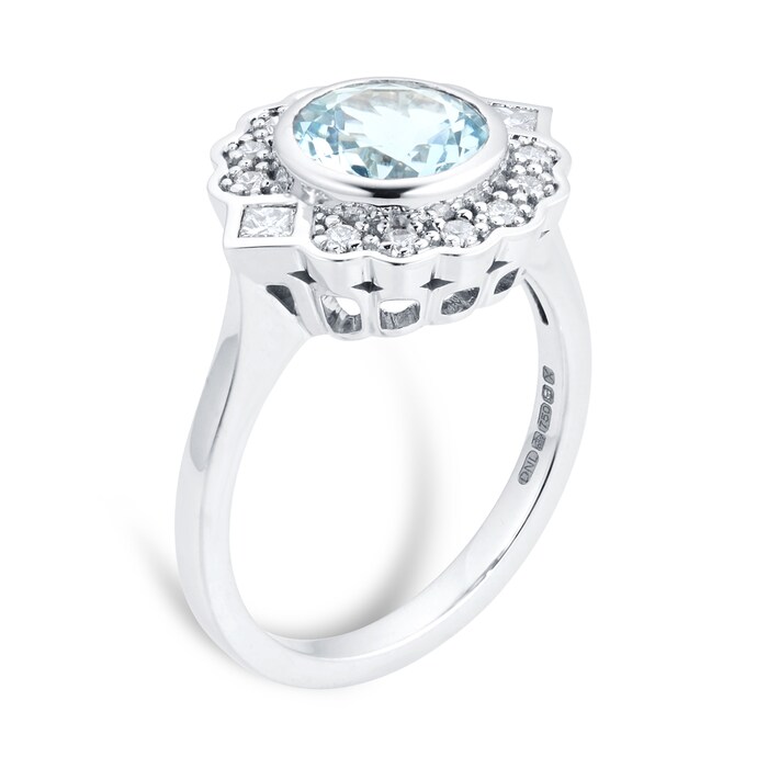 By Request 18ct White Gold Art Deco Aquamarine & Diamond Cluster Ring - Ring Size Q