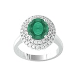 By Request 18ct White Gold Emerald & Diamond Double Halo Cluster Ring - Ring Size M