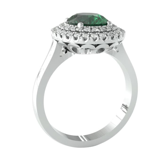 By Request 18ct White Gold Emerald & Diamond Double Halo Cluster Ring - Ring Size X.5