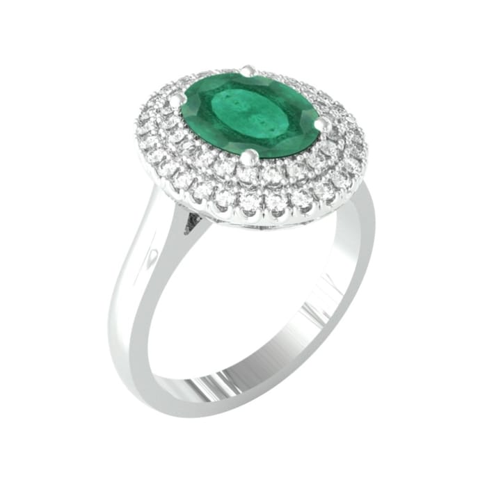 By Request 18ct White Gold Emerald & Diamond Double Halo Cluster Ring - Ring Size N