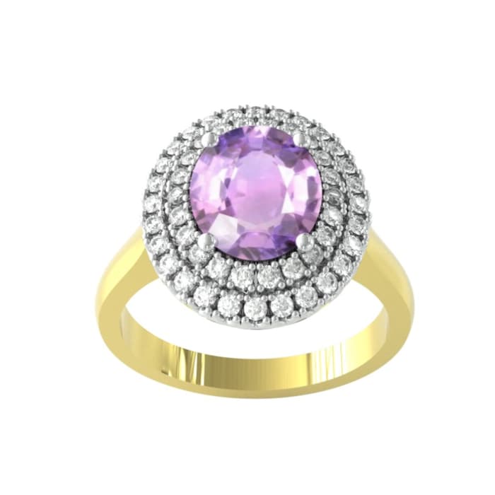 By Request 9ct White & Yellow Gold Amethyst & Diamond Double Halo Cluster Ring - Ring Size O.5