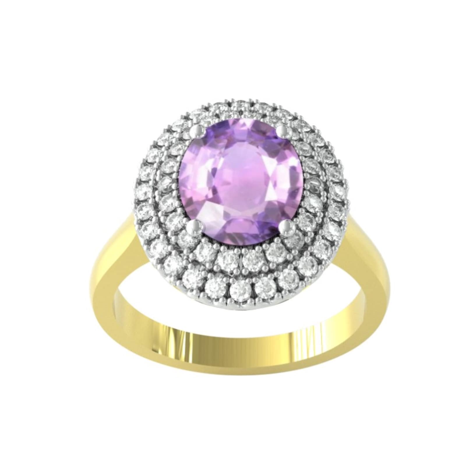 By Request 9ct White & Yellow Gold Amethyst & Diamond Double Halo Cluster Ring - Ring Size S By Request 9ct White & Yellow Gold Amethyst & Diamond Double Halo Cluster Ring - Ring Size S
